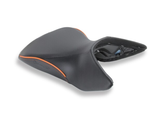 REVolution OEM Front Motorcycle Seat Upgrade as seen on the KTM 1290 Super Adventure in Performance Plus and KTM Orange. Also available as a DIY kit.